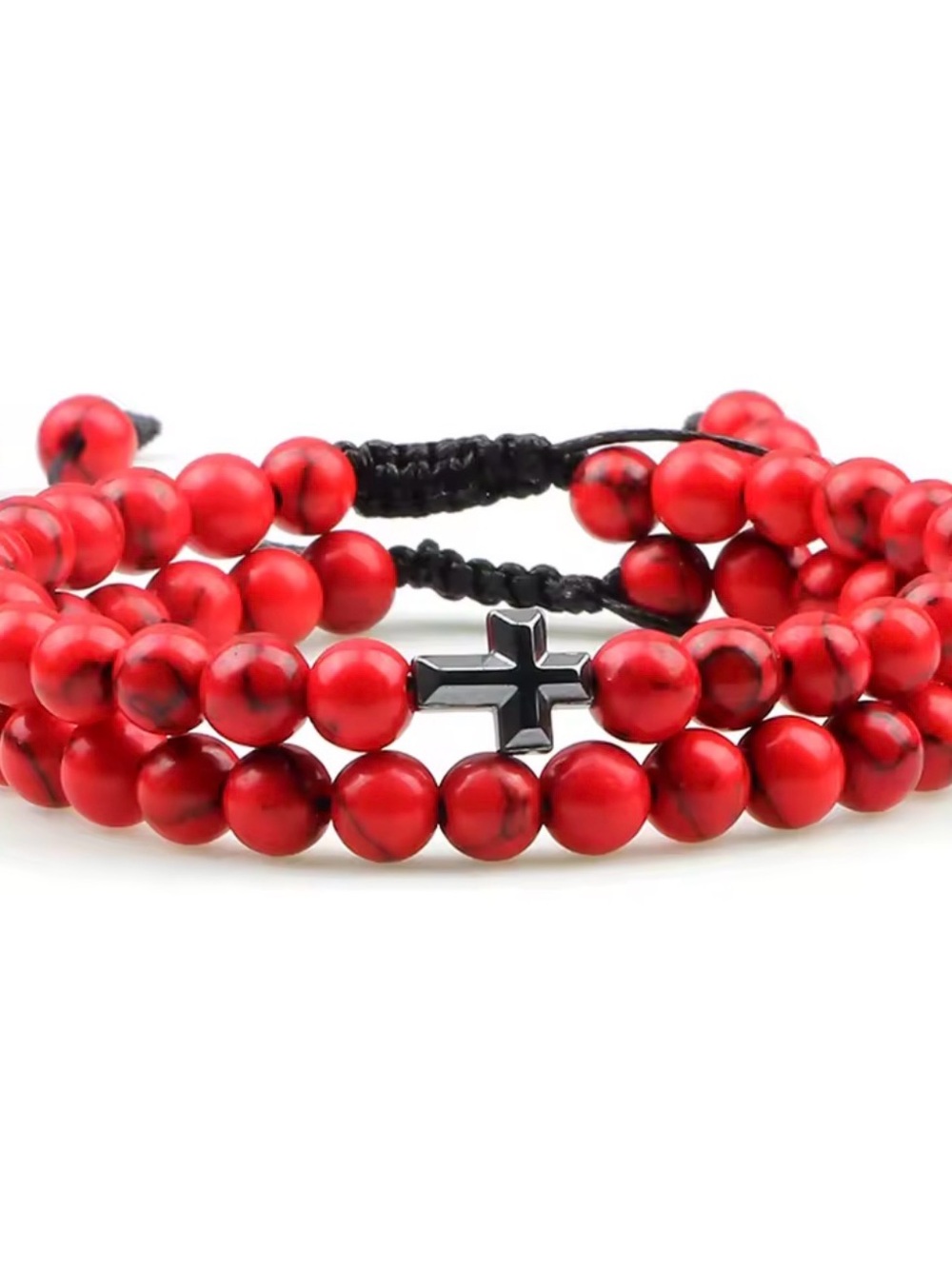 Beaded Red jasper bead black hematite Cross Wrap men’s Bracelet waterproof